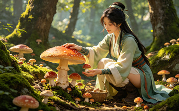 古风采蘑菇美女森林