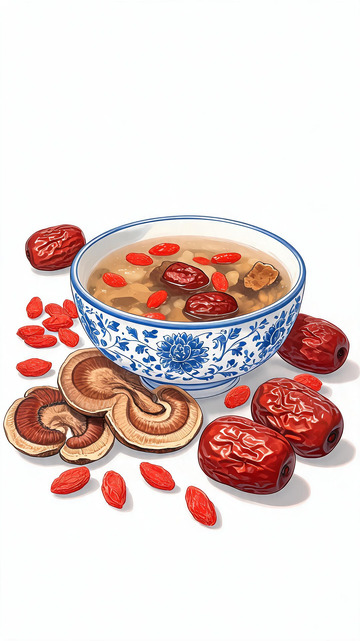 青花瓷汤碗枸杞香菇汤手绘美食插画