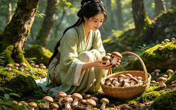 古装女子采蘑菇森林风光