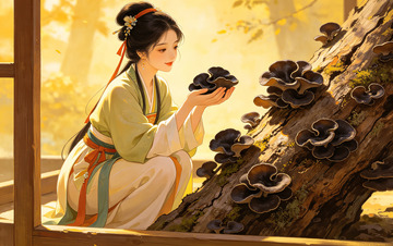 古风女子采木耳蘑菇插画素材