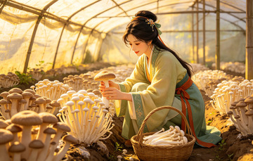 古典风女子采蘑菇摄影图片