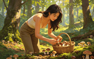 林间采蘑菇少女绘画素材