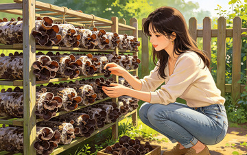 田园风女子种植真菌插画