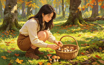 秋日森林采蘑菇女子插画