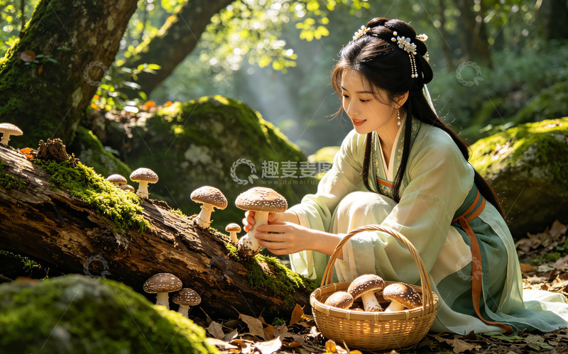 高清大图下载【趣麦麦图】古典森林采摘蘑菇少女