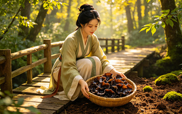 古风女子山林采蘑菇
