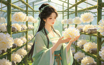 古风女子采摘银耳中插画