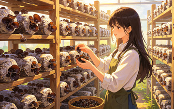 田园风女子采蘑木耳菇插画素材