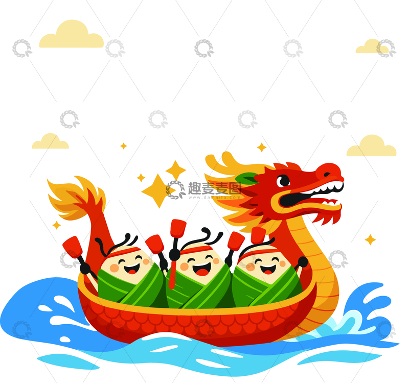 源文件下载【趣麦麦图】龙舟节卡通插画粽子划船