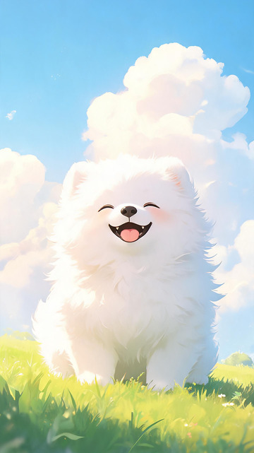 卡通风白狗草地阳光插画