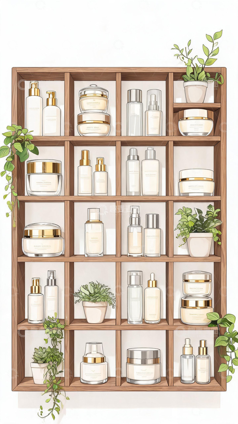 高清大图下载【趣麦麦图】木质货架化妆品展示插画