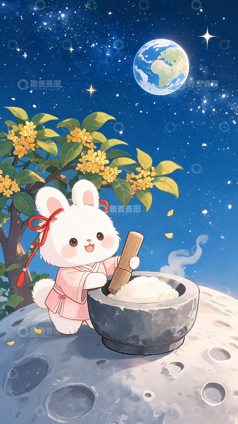 高清大图下载【趣麦麦图】卡通兔中秋做月饼插画