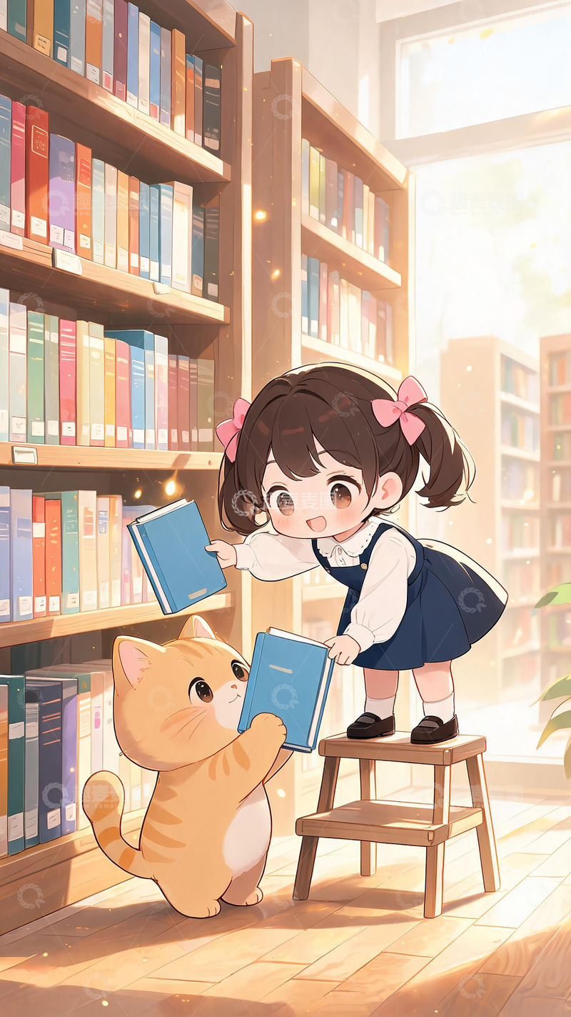高清大图下载【趣麦麦图】-温馨图书馆插画小女孩与猫