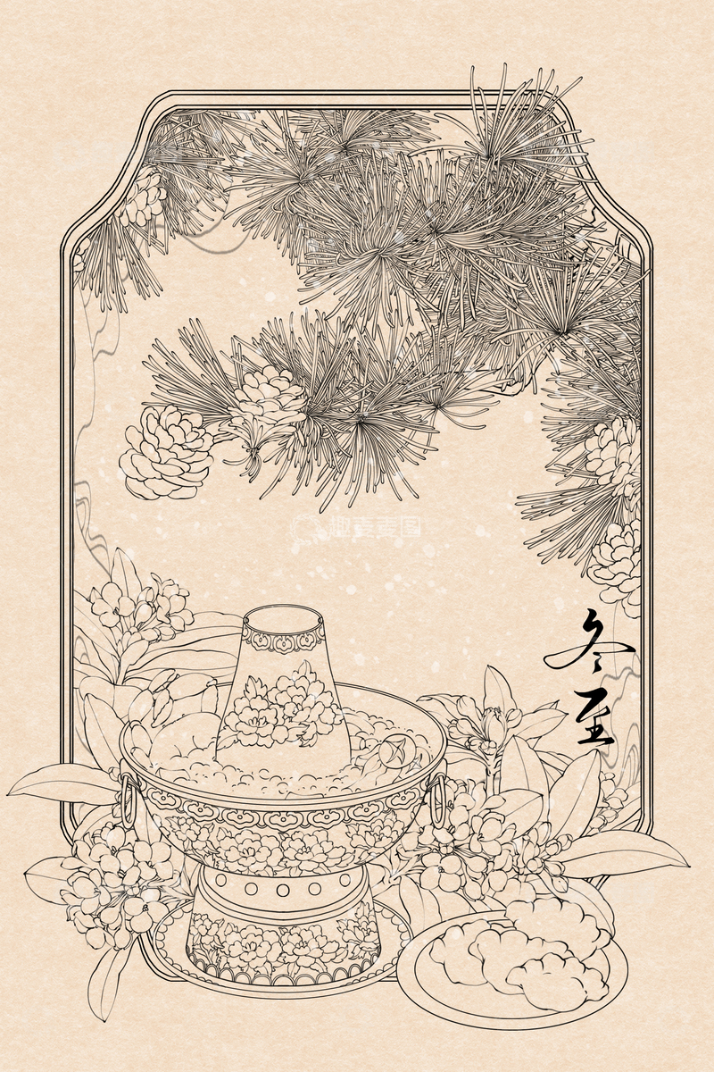 源文件下载【趣麦麦图】线描风冬至火锅与花卉设计素材