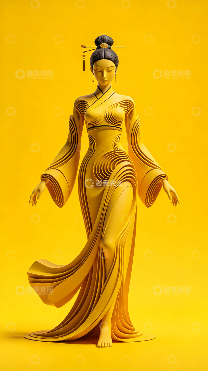 高清大图下载【趣麦麦图】-明黄层叠纸艺古风仕女 3D 雕塑3