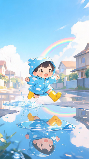 童趣雨天跳积水插画