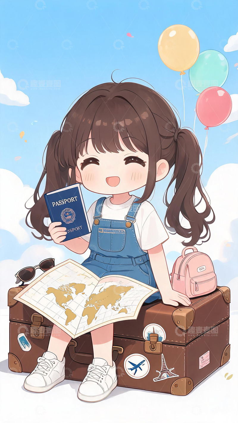 高清大图下载【趣麦麦图】卡通旅行少女插画壁纸