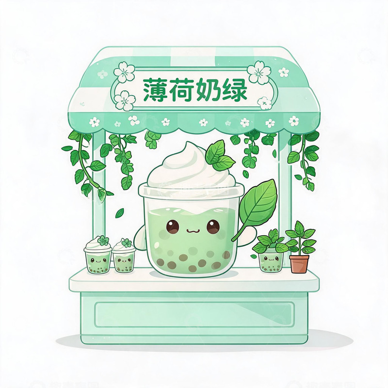 高清大图下载【趣麦麦图】薄荷奶绿卡通饮品摊位插画