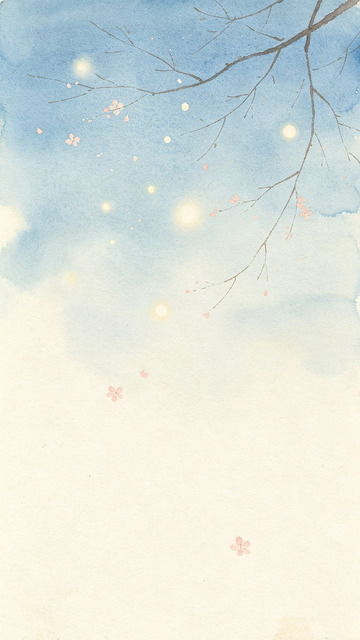 水彩春日樱花树枝风景画