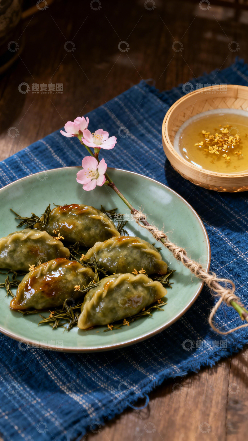 高清大图下载【趣麦麦图】-中式美食青绿饺子桂花茶