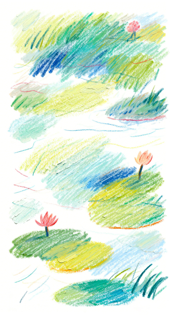 彩色蜡笔荷塘风景画