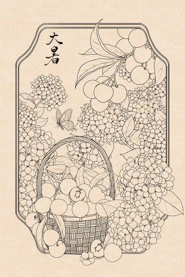 线描风格大暑荔枝水果插画设计素材
