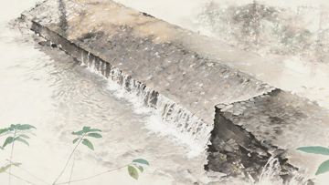 古桥流水国画风格水墨画