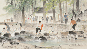 诸暨五泄溪边嬉戏儿童国画风格绘画素材