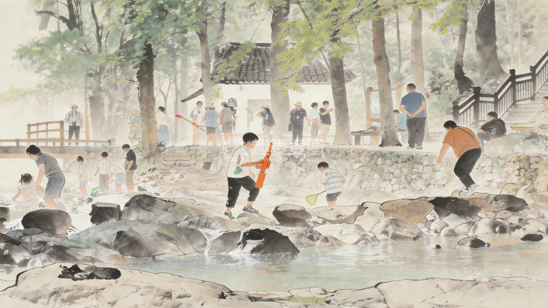 高清大图下载【趣麦麦图】诸暨五泄溪边嬉戏儿童国画风格绘画素材