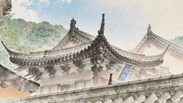 千年古刹古建水彩风景壁画