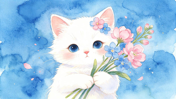 蓝调水彩抱花小白猫插画壁纸素材
