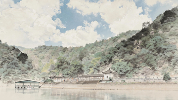 诸暨五泄山水风景水彩画中国传统建筑
