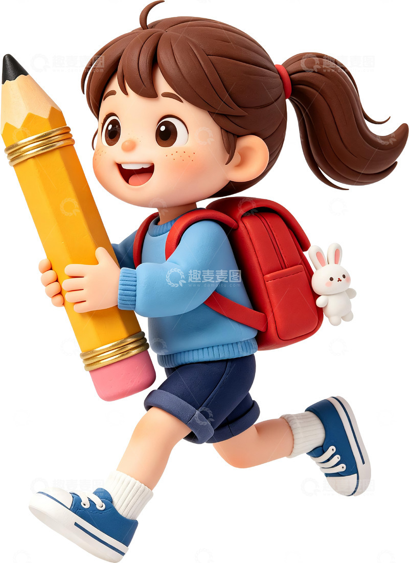 高清大图下载【趣麦麦图】3D 黏土风抱着大铅笔的小女孩