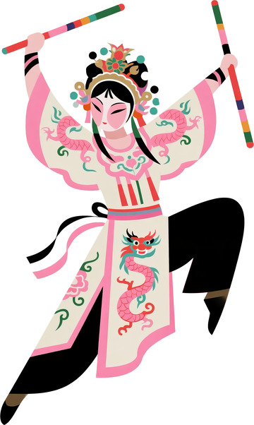 扁平风潮汕英歌舞武旦花棍国风插画2