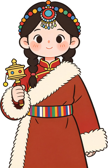 卡通藏族少女手持4转经筒插画