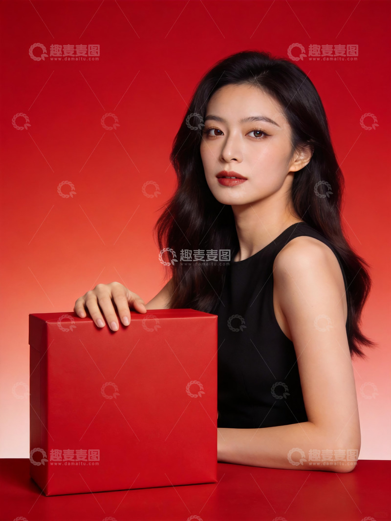 高清大图下载【趣麦麦图】红礼盒气质女士纯色背景人像写真3