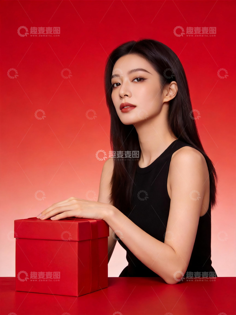 高清大图下载【趣麦麦图】红礼盒气质女士纯色背景人像写真4
