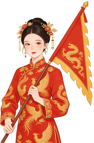 潮汕标旗红金凤褂持龙旗国风女子插画1