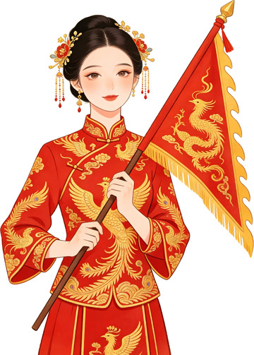 潮汕标旗红金凤褂持龙旗国风女子插画2