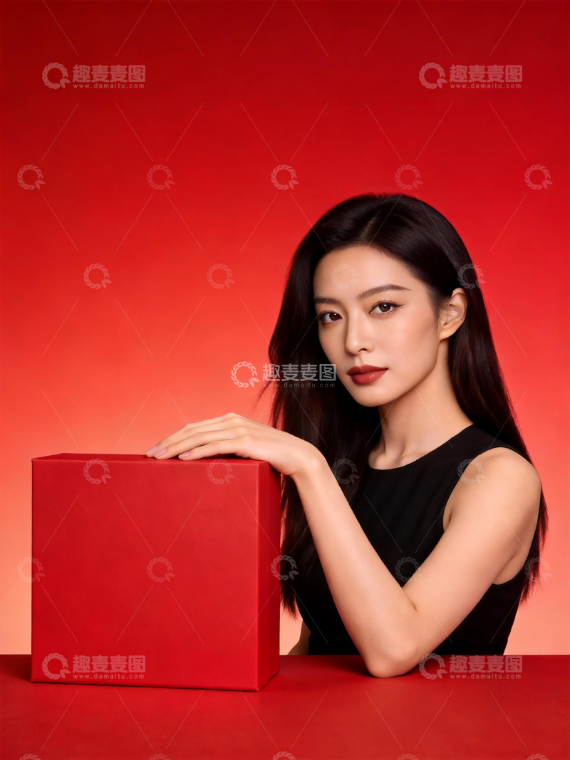 高清大图下载【趣麦麦图】红礼盒气质女士纯色背景人像写真1