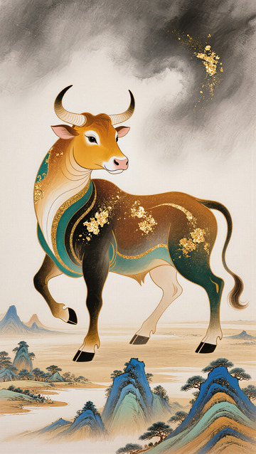 古风牛插画山水风景艺术画