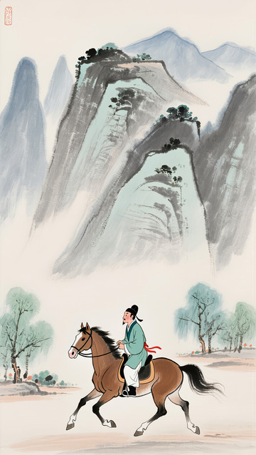 水墨山水骑马古风景装饰画