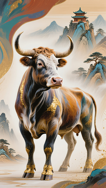 东方牛韵山水画艺术插画