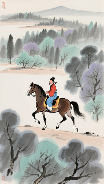 中国风水墨骑马山水画