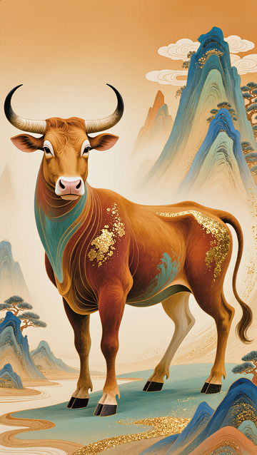 国潮风牛年吉祥艺术插画