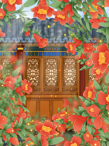 传统中式庭院红花石榴花盛开插画