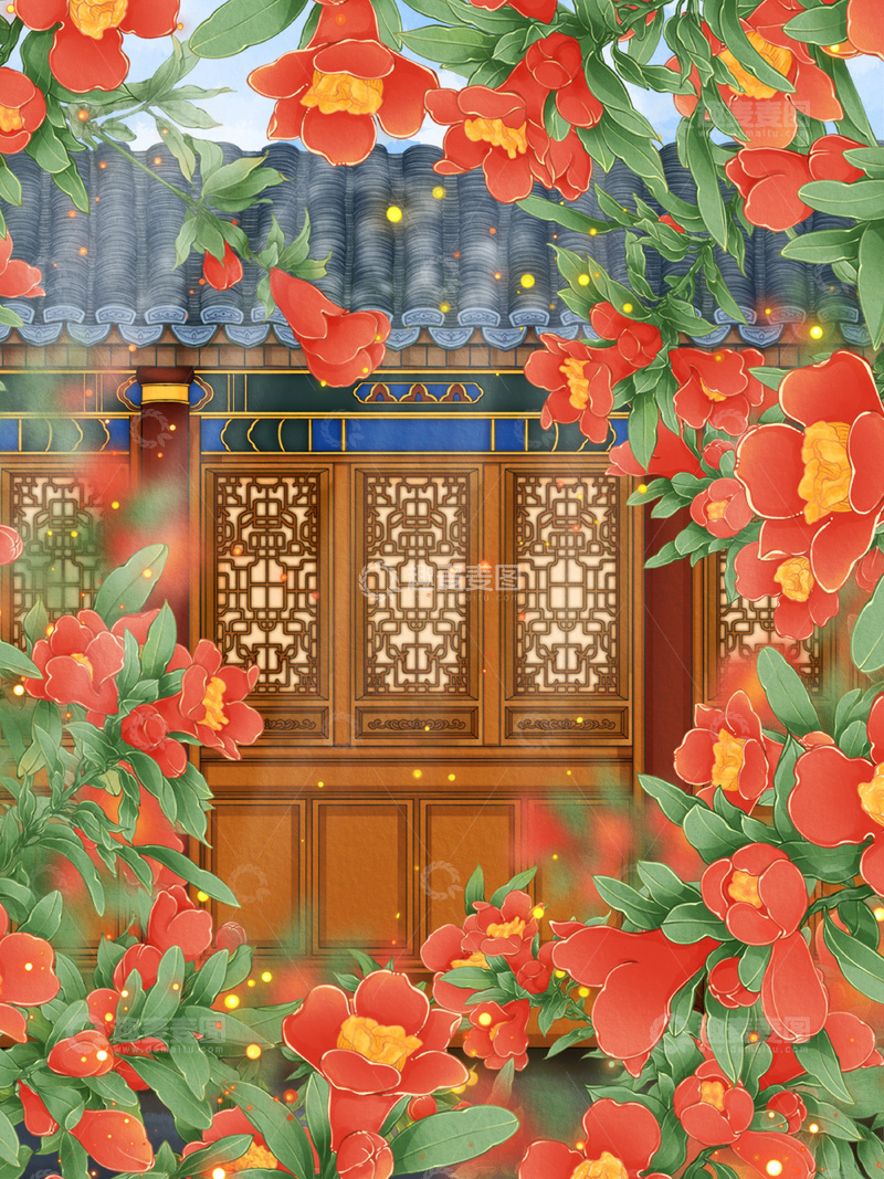 源文件下载【趣麦麦图】传统中式庭院红花石榴花盛开插画