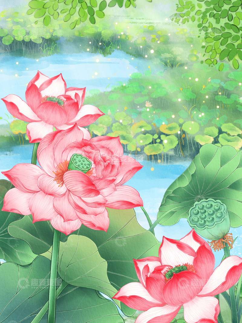 源文件下载【趣麦麦图】-古风水彩荷花池塘插画