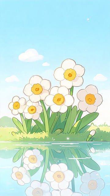 卡通水仙花风景插画