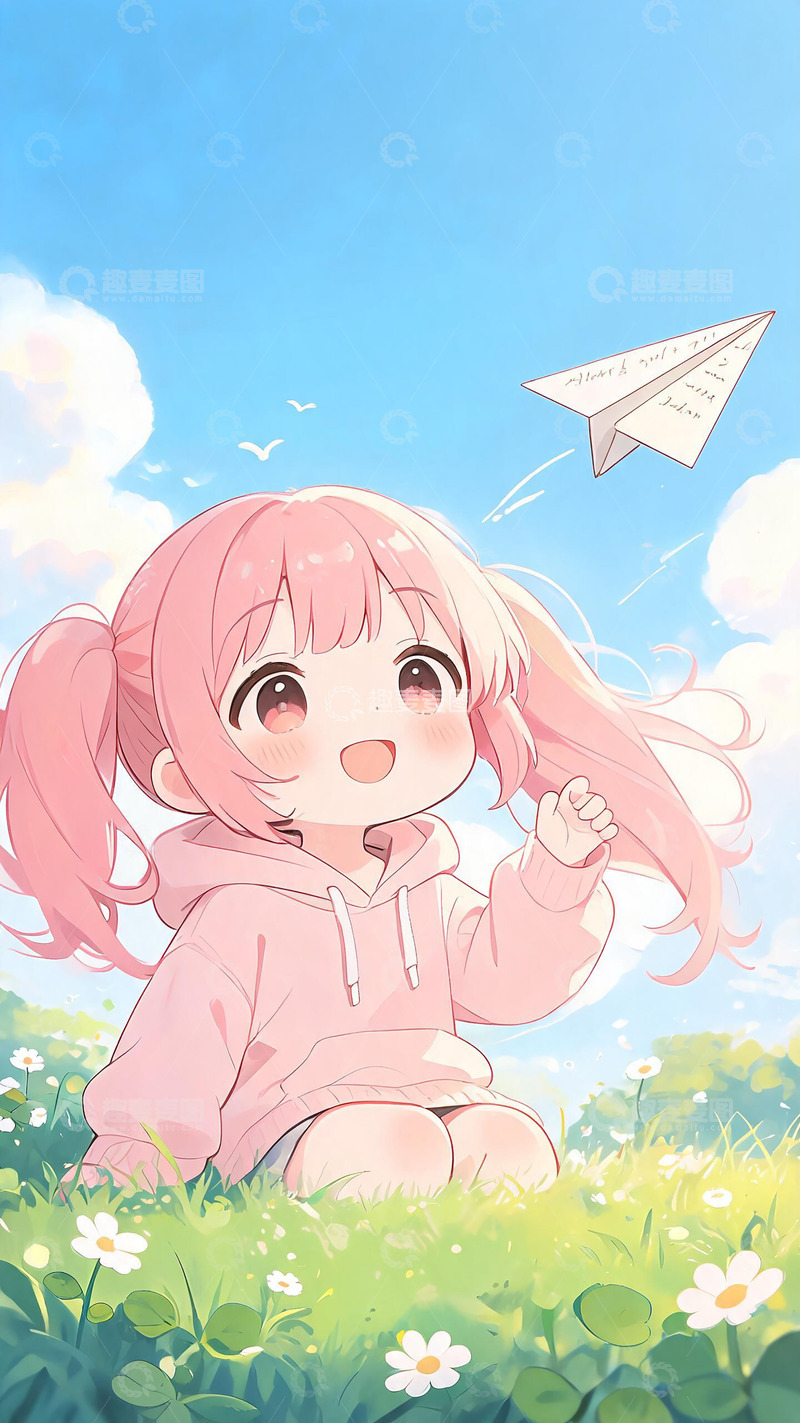 高清大图下载【趣麦麦图】粉发少女草地放纸飞机
